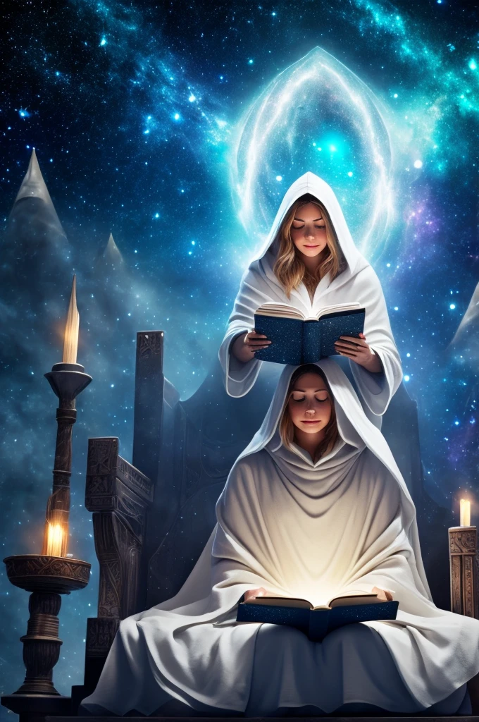 A woman wearing a white tunic, hood covering her eyes, reading a book, sitting on a throne on a platform in the universe, surrounded by stars and galaxies, cartoon style, cinematic, dark, 4k, mysterious