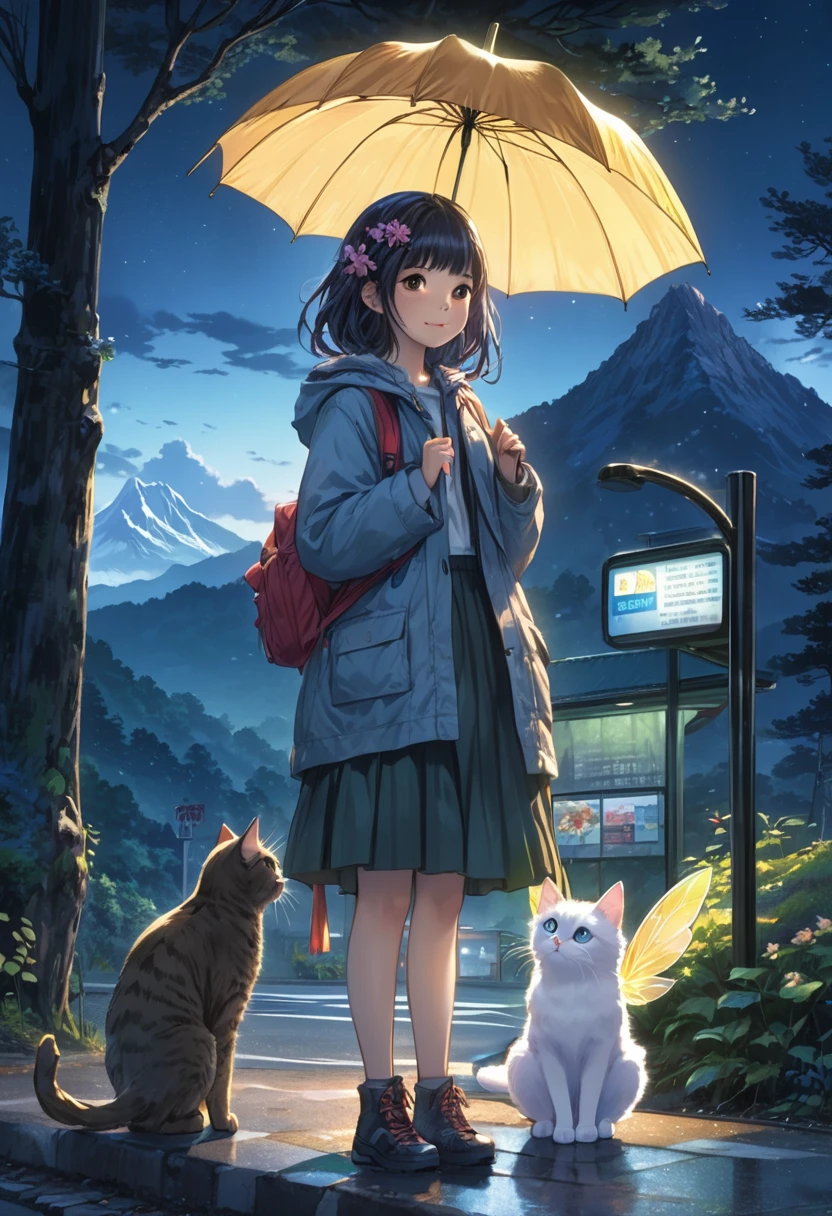 Very detailed、whole body、A girl holding an umbrella next to a cat-like mountain fairy at a bus stop in the forest at night