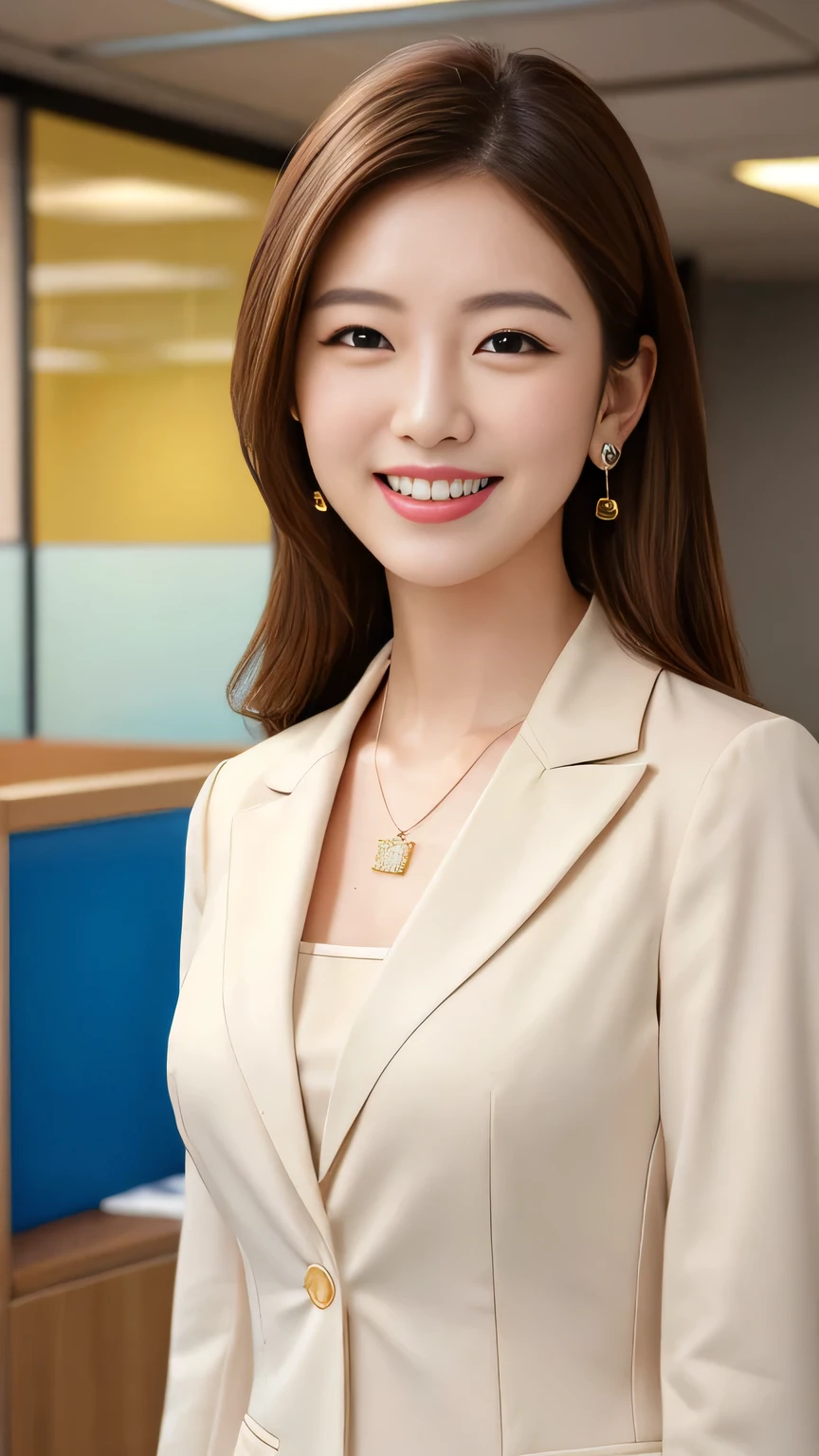 RAW Photos, High resolution, Very detailed, Intricate details, 、ear piercing、smile、Beautiful teeth alignment、Short Haircut、Black Hair、Clear beauty,(High quality fabric, Office Lady Suits 、Necklace around the neck、, The background is the office
