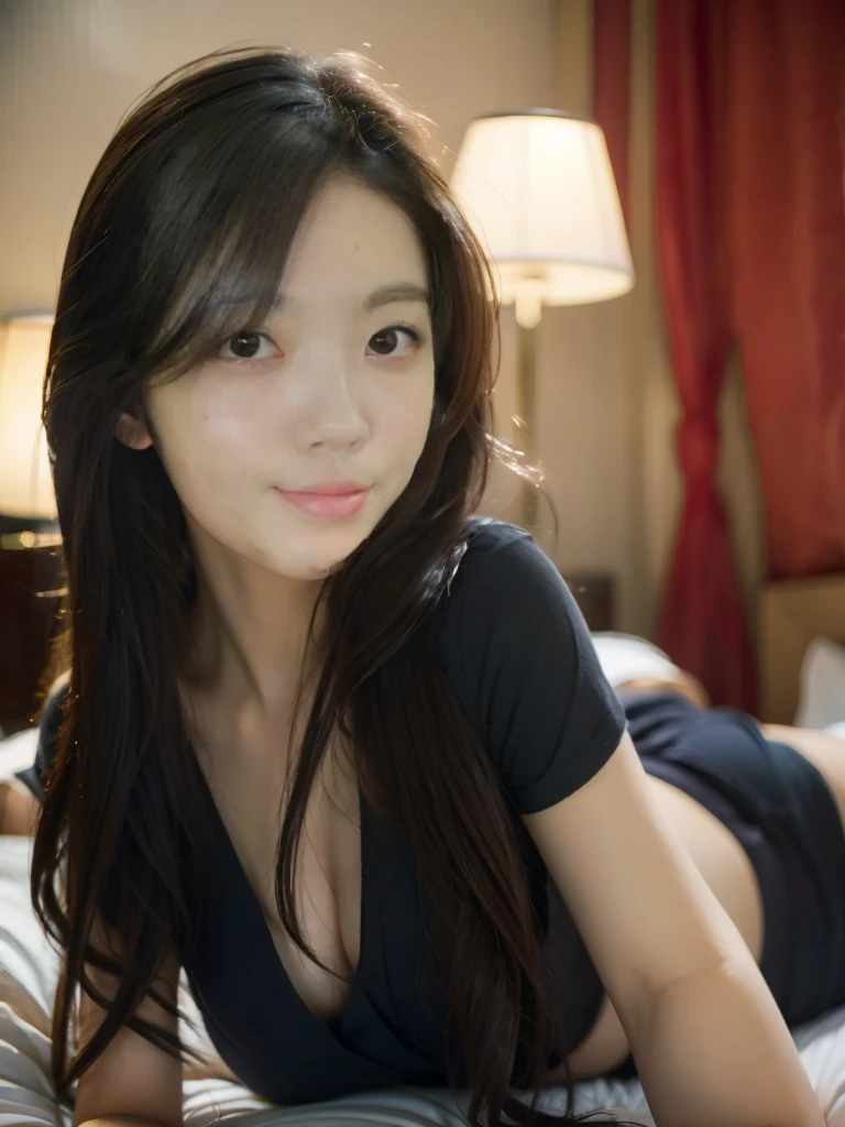 there is a woman laying on a bed with her hands on her face, Young and pretty Asian face, young asian girl, Young and adorable Korean face, Korean Girls, Beautiful young Korean woman, Girl cute beautiful face, Gorgeous Young Korean Woman, Young Asian Woman, Beautiful Korean Women, Posing in bed, Gazing lovingly at the camera, Chinese Girl, have round cheeks