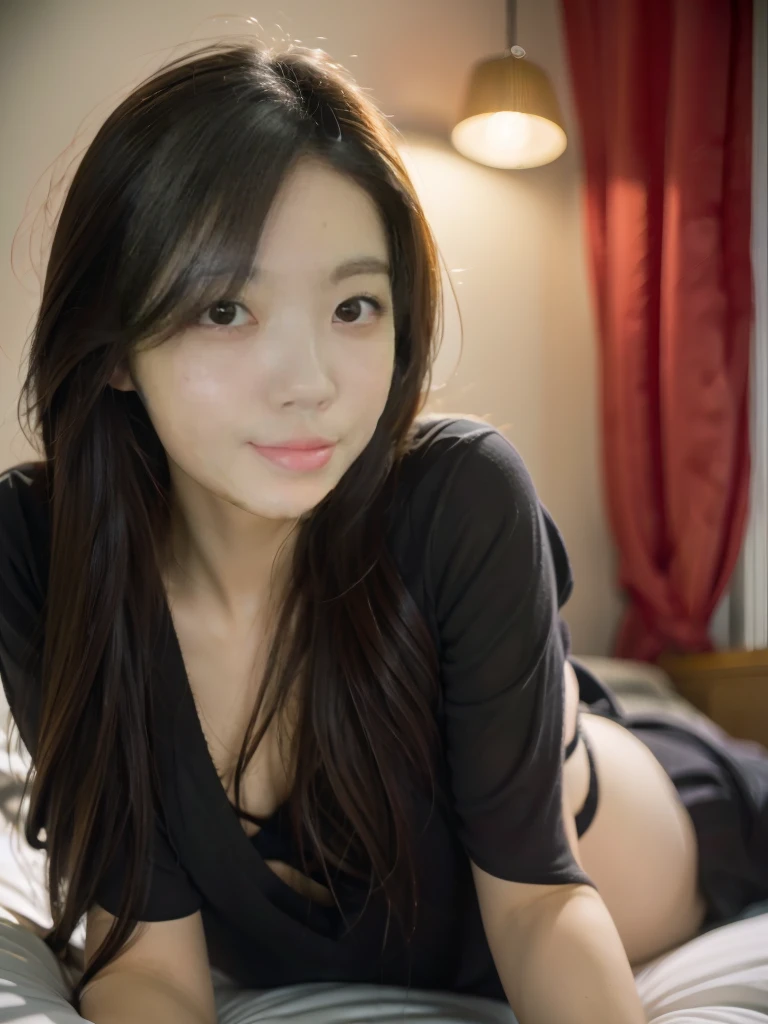 there is a woman laying on a bed with her hands on her face, Young and pretty Asian face, young asian girl, Young and adorable Korean face, Korean Girls, Beautiful young Korean woman, Girl cute beautiful face, Gorgeous Young Korean Woman, Young Asian Woman, Beautiful Korean Women, Posing in bed, Gazing lovingly at the camera, Chinese Girl, have round cheeks