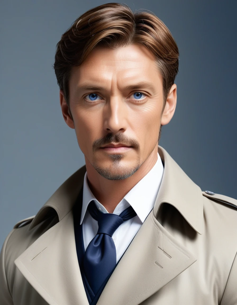 1man, mature male, parted bangs, medium-short hair, brown hair, muscular male celeb, short goatee, short mustache, indigo eyes, gentleman, elegant netori male, BREAK solo, white collared shirt, gray trench coat, black neck ribbon, in gentle sasaki style, visual novel, 2010s, extreme all detailed, masterpiece, best quality