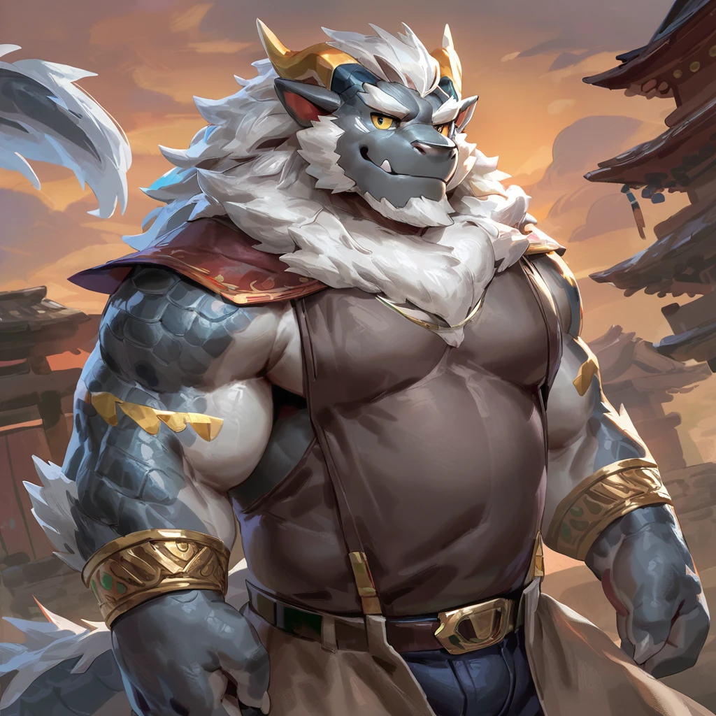 (artist: gamma_g, lindong, null-ghost, dangpa) 1male, sfw, eastern dragon, character design, bara, one fluffy tail, old man, fluffy mane, perfect eyes, grey body, white hair, background, solo, scales, detailed scales, golden decals, casual western clothes, sharp short ears, yellow iris, white sclera, big eyes, white beard, sharp iris, thick thighs, muscular legs, veiny, fluffy hair, detailed face:2.0, one tail, masterpiece:2.0, sharp fang, perfect eyes, smug, chest fluff, (SuperQuality:1.0) ~ (SuperQuality:1.2)