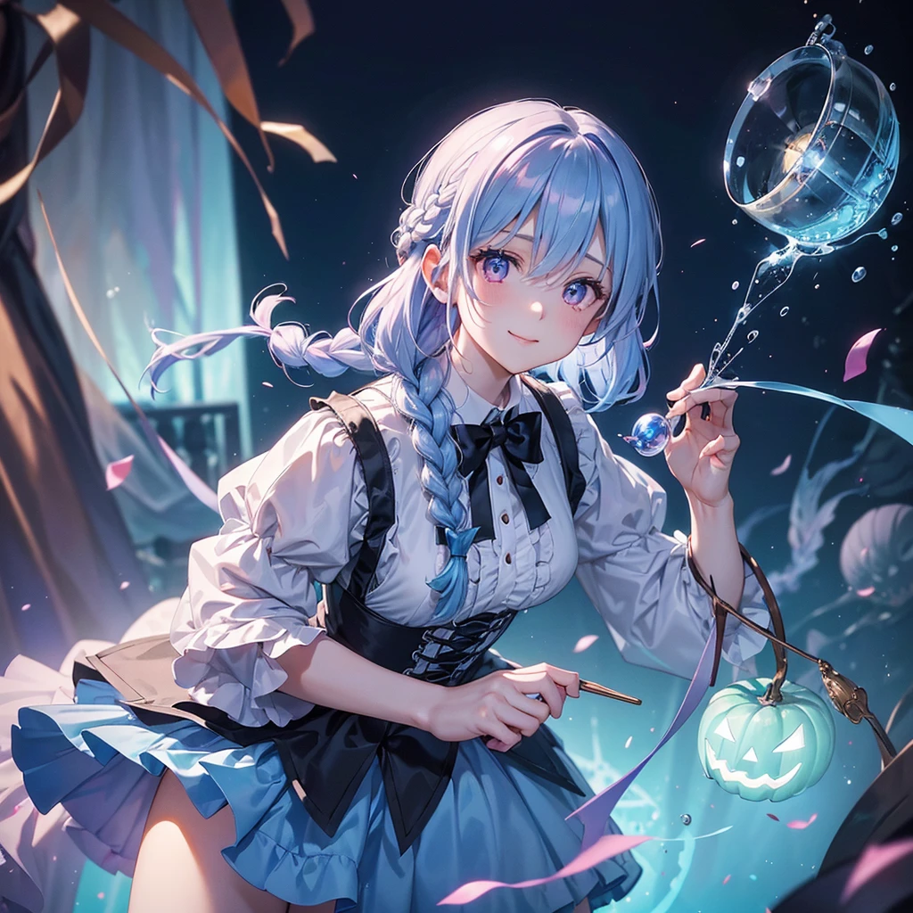(Light blue medium hair),(Braided hair tied together)、Pink eyes、Fair skin、cowboy shot、Halloween、The background is a pumpkin ghost、Trick or Treat、A lot of sweets、Black cat、Wizard、Candy、Cosplay、A surprising smile、A dignified figure、solo、(masterpiece、Highest quality、Very detailed、Best Shadow)、(Detailed Background)、(Beautifully detailed face)、High contrast、(Best lighting、Very delicate and beautiful)、(Cinematic Light)、colorful、Hyper Detail、Dramatic Light、Exquisite detail、
