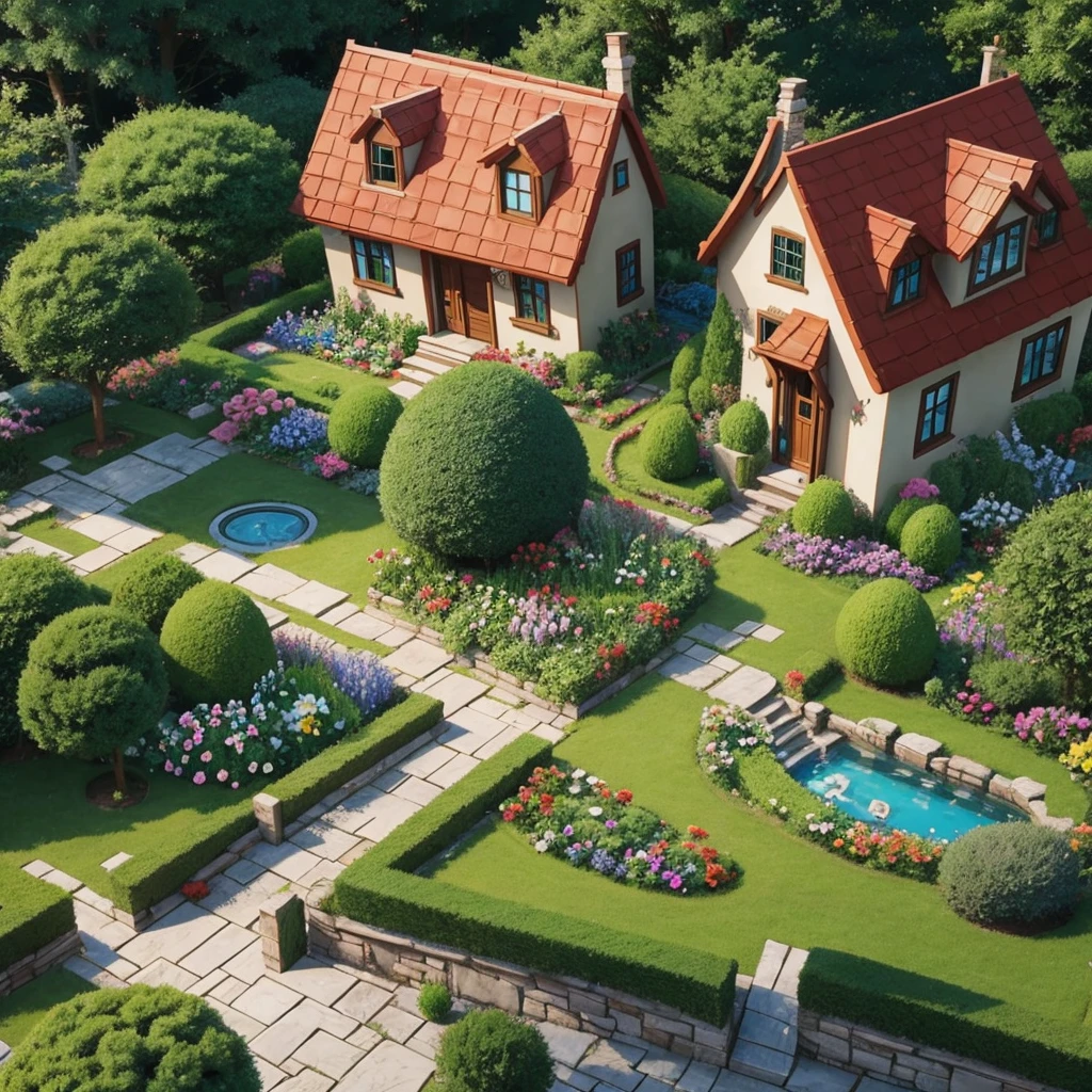 Cartoon house with huge garden 
