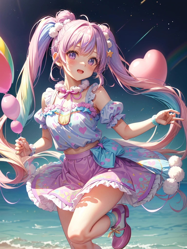 (whole body, legs and shoes visible: 1.2)) Expressive eyes, One girl, Pale skin, Long Hair, Windblown Hair, ((absurdly Long Hair)), Long Side Lock, Princess bangs, Hair bangs, Hair Bun, ((Very long twin tails)), Rainbow Hair, Light pink hair, blush, full face blush, big sparkling Pastel Purple eyes, (Gradient Eye), Laughing with your mouth open, cute pose, ((Holding a balloon : 1.3)) ((cute and pastel fashion)) ((🦄🎠🎈🎉 theme : 1.4)) A loose pastel dress, ((Dreamy multi-colored open dress)), (Floating ribbon), Lavender Frill, Pink frills, (Light blue lace), Removable short sleeves, Fluffy skirt, ((Rainbow and star printed skirt : 1.3)), ta Skirt, Purple ribbon, ((pom pom ribbon hair ornament : 1.4)), Multiple Bows, Striped lace stockings, (heart型のレッグガーター), cute (Pastel Purple) shoes ((Ultra-detailed clothing and fashion)) I'm watching you, Vintage Girl, blush, (Beautiful attention to detail), (Highly detailed CG Unity 8k wallpaper) (Best Shadow), ((Very delicate and beautiful)), (Detailed light), ((Depth of written boundary)) Big Head, Big, bright eyes, Moe, Splash Art, Cinema Lighting, Front view, volumetric lighting maximalist photo illustration k resolution high resolution intricate detailed complex key visuals precise linear ((Dreamy pastel sky background, Surrounded by sunset clouds, shooting star, Castle above the clouds)) ((Ultra-detailed landscapes, Foggy clouds, Hung by balloons, heart : 1.3))
