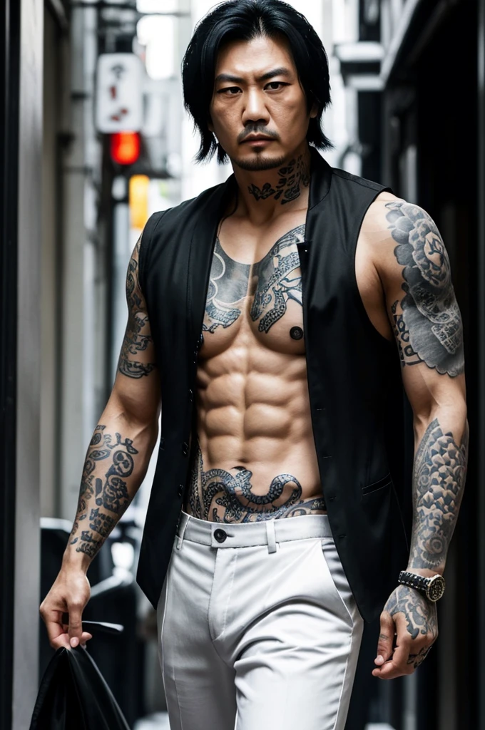 The Yakuza has shoulder-length messy black hair and black eyes. He wears a white shirt with a greyish-blue vest, a pair of trousers of the same colour and black lace shoes. The Yakuza also has a small goatee and snake tattoos on both of his arms.