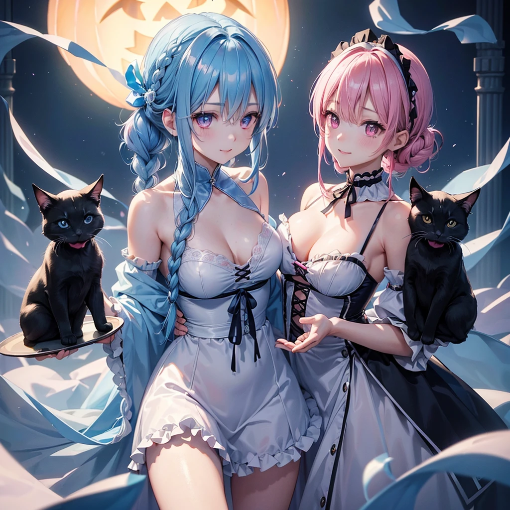 (Light blue medium hair),(Braided hair tied together)、Pink eyes、Fair skin、cowboy shot、Halloween、The background is a pumpkin ghost、Trick or Treat、A lot of sweets、Black cat、Wizard、Candy、Cosplay、A surprising smile、A dignified figure、solo、(masterpiece、Highest quality、Very detailed、Best Shadow)、(Detailed Background)、(Beautifully detailed face)、High contrast、(Best lighting、Very delicate and beautiful)、(Cinematic Light)、colorful、Hyper Detail、Dramatic Light、Exquisite detail、