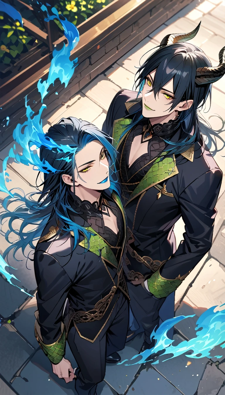 (pieces fly), (highest quality), very detailed, ((two men)), perfect face, beautiful face, very detailed face, (from above:2.0),(black haired man:1.3)，(blue haired man:1.3)，suit，shirt，smile，flower, (1st boy,Idia Shroud, bishounen, boy, male, extremely long hair, blue hair, blue fire hair, wavy hair, yellow eyes, tired expression, blue lips, handsome, skinny, geeky, blue glow, shark teeth,) (2nd boy, malleus draconia \(twisted wonderland\) horns, bishounen, boy, male, long hair, black hair, yellow green eyes, smile, gray lips, handsome, skinny, tall, yellow green glow,)  Two men are hugging each,