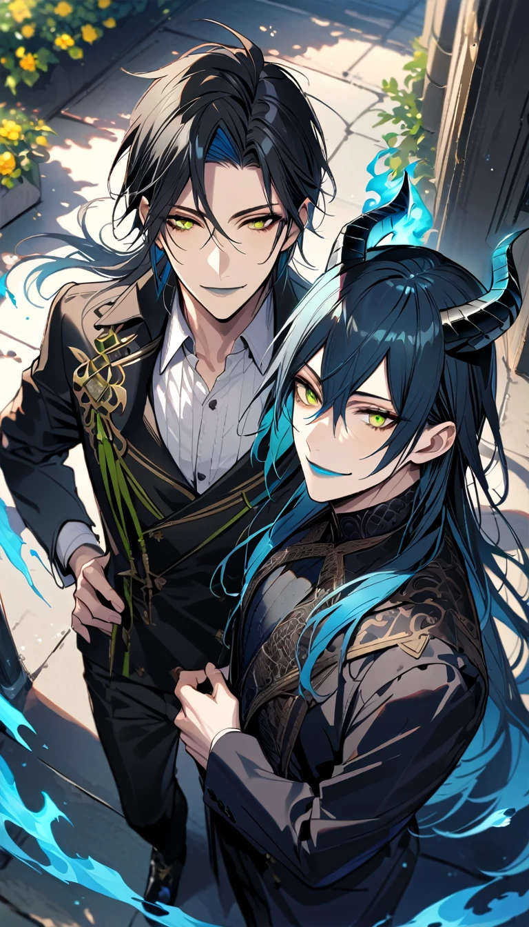 (pieces fly), (highest quality), very detailed, ((two men)), perfect face, beautiful face, very detailed face, (from above:2.0),(black haired man:1.3)，(blue haired man:1.3)，suit，shirt，smile，flower, (1st boy,Idia Shroud, bishounen, boy, male, extremely long hair, blue hair, blue fire hair, wavy hair, yellow eyes, tired expression, blue lips, handsome, skinny, geeky, blue glow, shark teeth,) (2nd boy, malleus draconia \(twisted wonderland\) horns, bishounen, boy, male, long hair, black hair, yellow green eyes, smile, gray lips, handsome, skinny, tall, yellow green glow,)  Two men are hugging each,