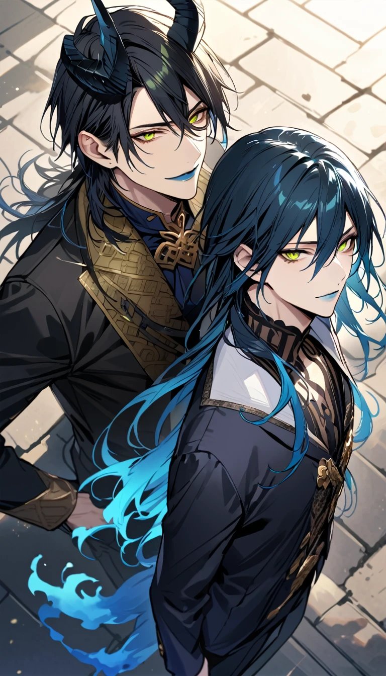 (pieces fly), (highest quality), very detailed, ((two men)), perfect face, beautiful face, very detailed face, (from above:2.0),(black haired man:1.3)，(blue haired man:1.3)，suit，shirt，smile，flower, (1st boy,Idia Shroud, bishounen, boy, male, extremely long hair, blue hair, blue fire hair, wavy hair, yellow eyes, tired expression, blue lips, handsome, skinny, geeky, blue glow, shark teeth,) (2nd boy, malleus draconia \(twisted wonderland\) horns, bishounen, boy, male, long hair, black hair, yellow green eyes, smile, gray lips, handsome, skinny, tall, yellow green glow,)  Two men are hugging each,