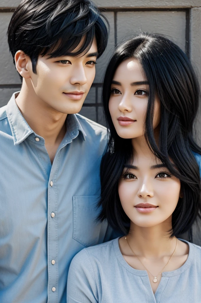 Animated black-haired couple man and woman
