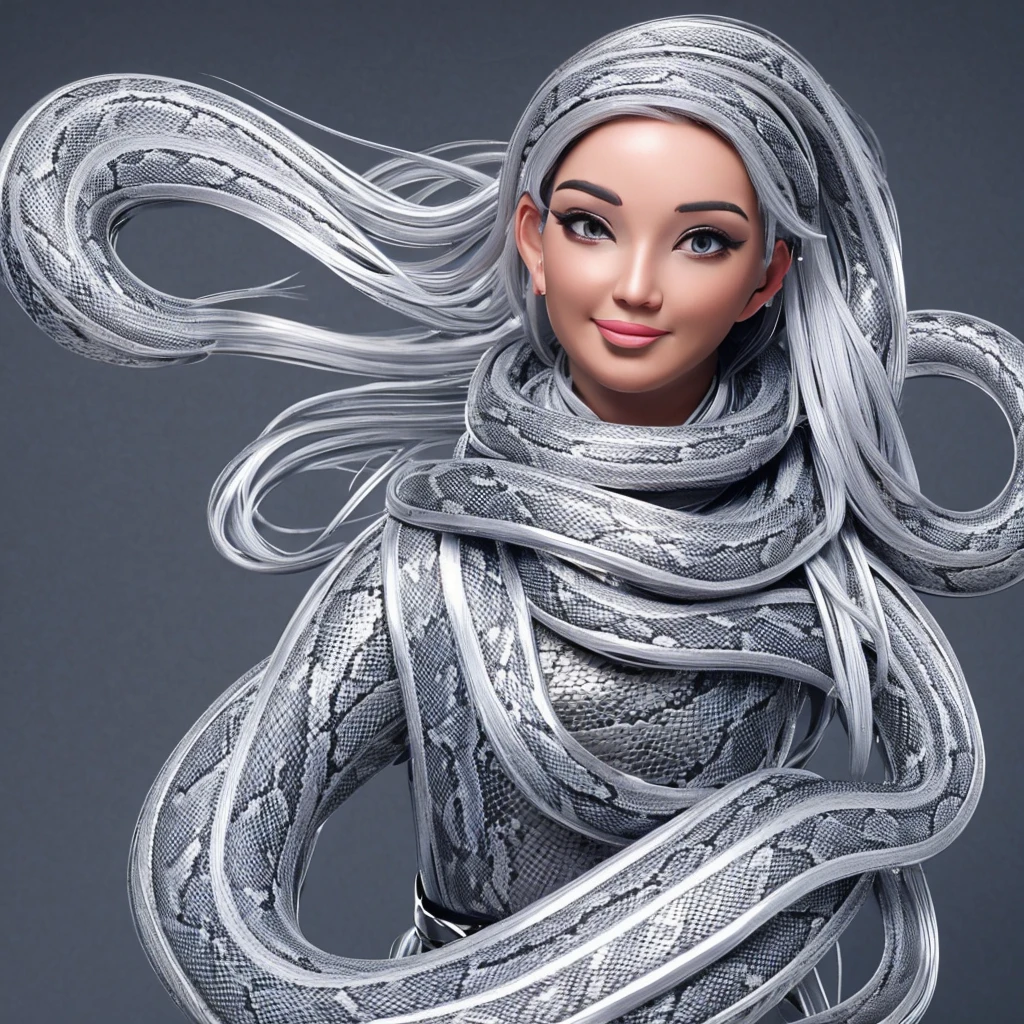 A woman with silver hair with a gray snake wrapped around her and her tongue sticking out
