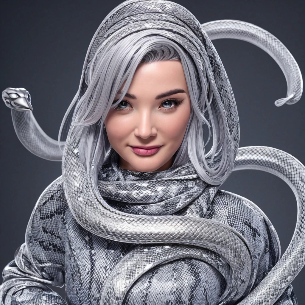 A woman with silver hair with a gray snake wrapped around her and her tongue sticking out