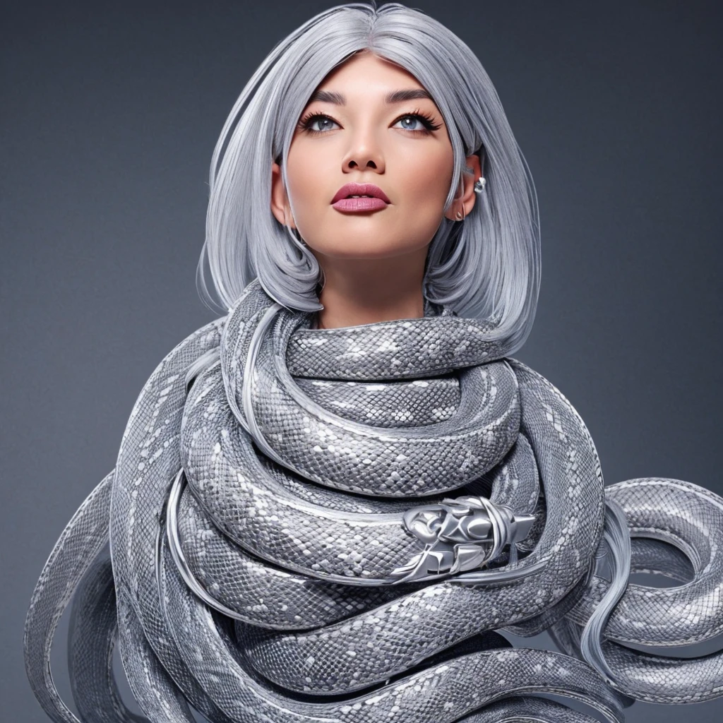 A woman with silver hair with a gray snake wrapped around her and her tongue sticking out