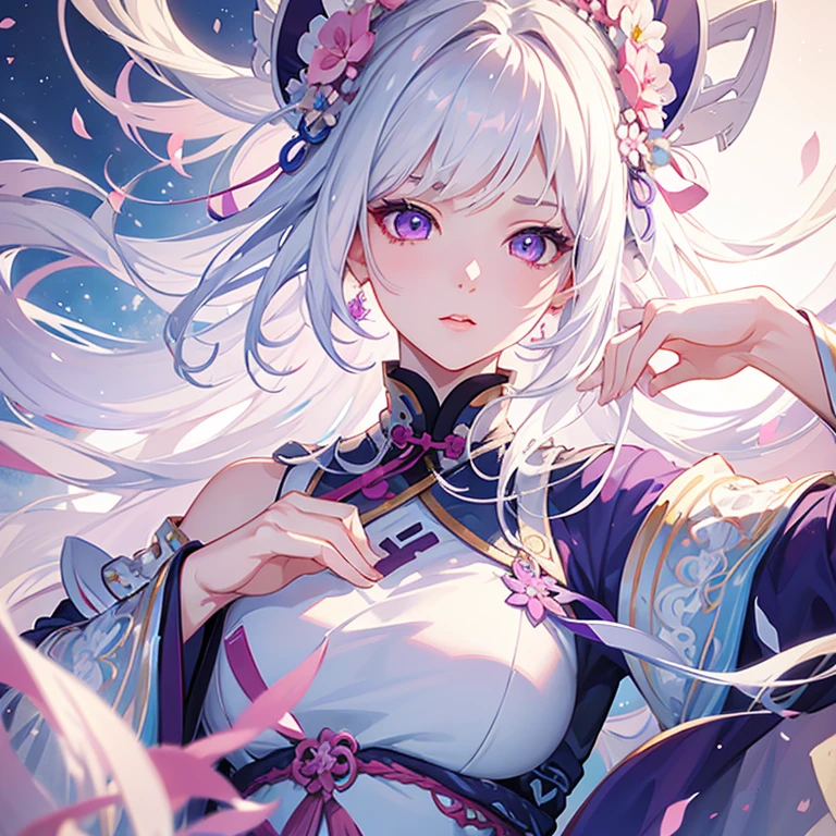 detailed anime girl, white hair with blue highlights, purple eyes, white and pink traditional chinese dress, intricate details, soft lighting, delicate facial features, elegant pose, high quality, digital painting, vibrant colors, photo-realistic, 8k, masterpiece