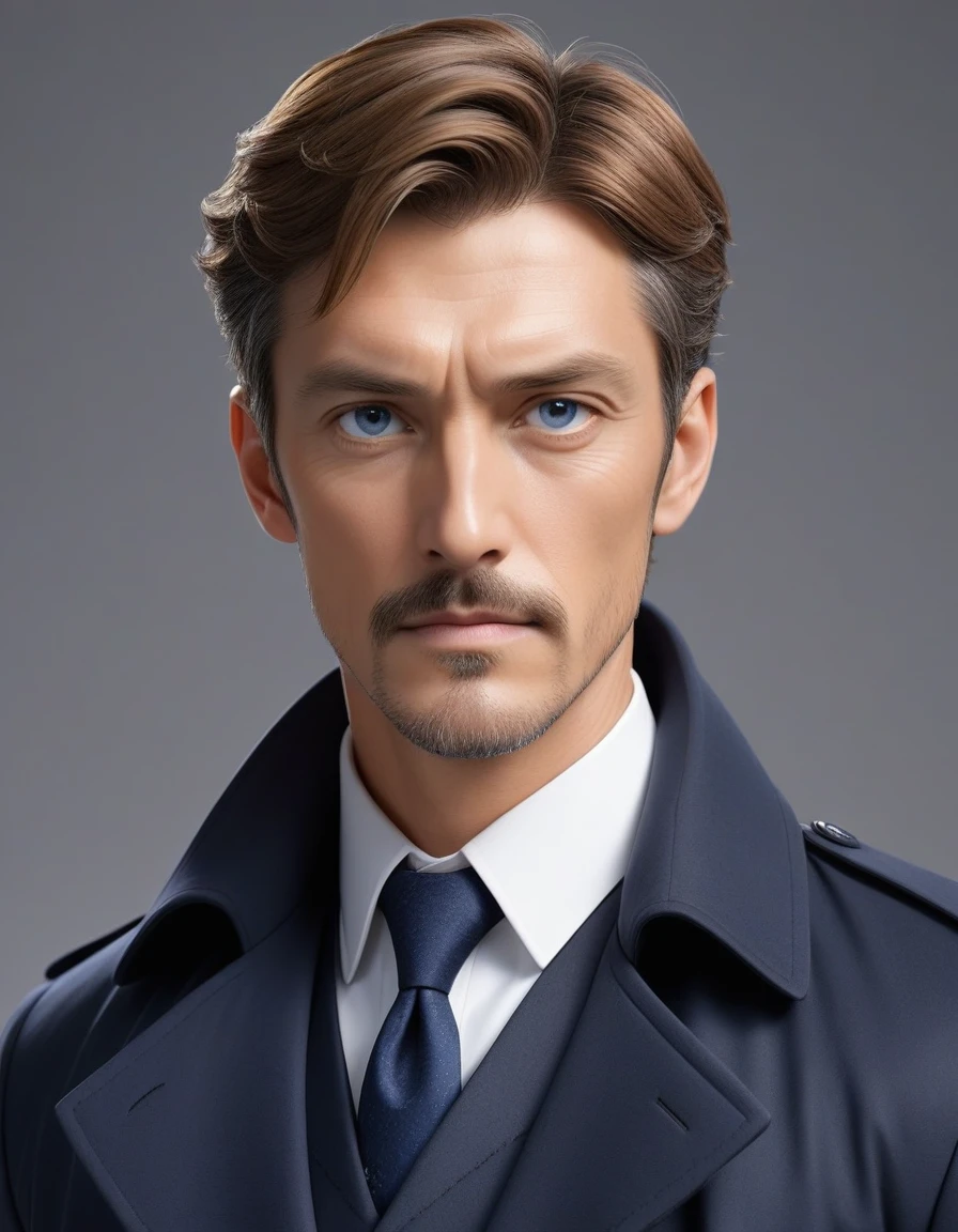 1man, mature male, parted bangs, medium-short hair, brown hair, muscular male celeb, short goatee, short mustache, indigo eyes, gentleman, elegant netori male, BREAK solo, white collared shirt, gray trench coat, black neck ribbon, in gentle sasaki style, visual novel, 2010s, extreme all detailed, masterpiece, best quality