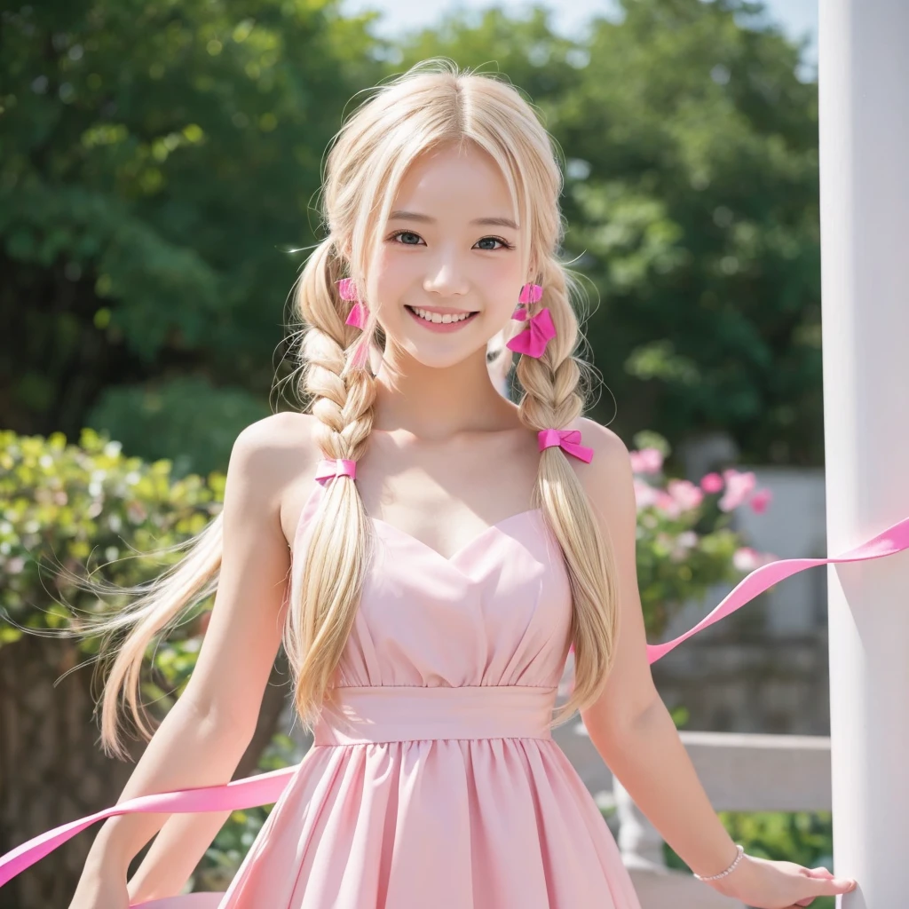 long blonde hair, smooth face, pink dress, hairstyle with two ponytails fixed with pink ribbonsPoses smiling towards the camera