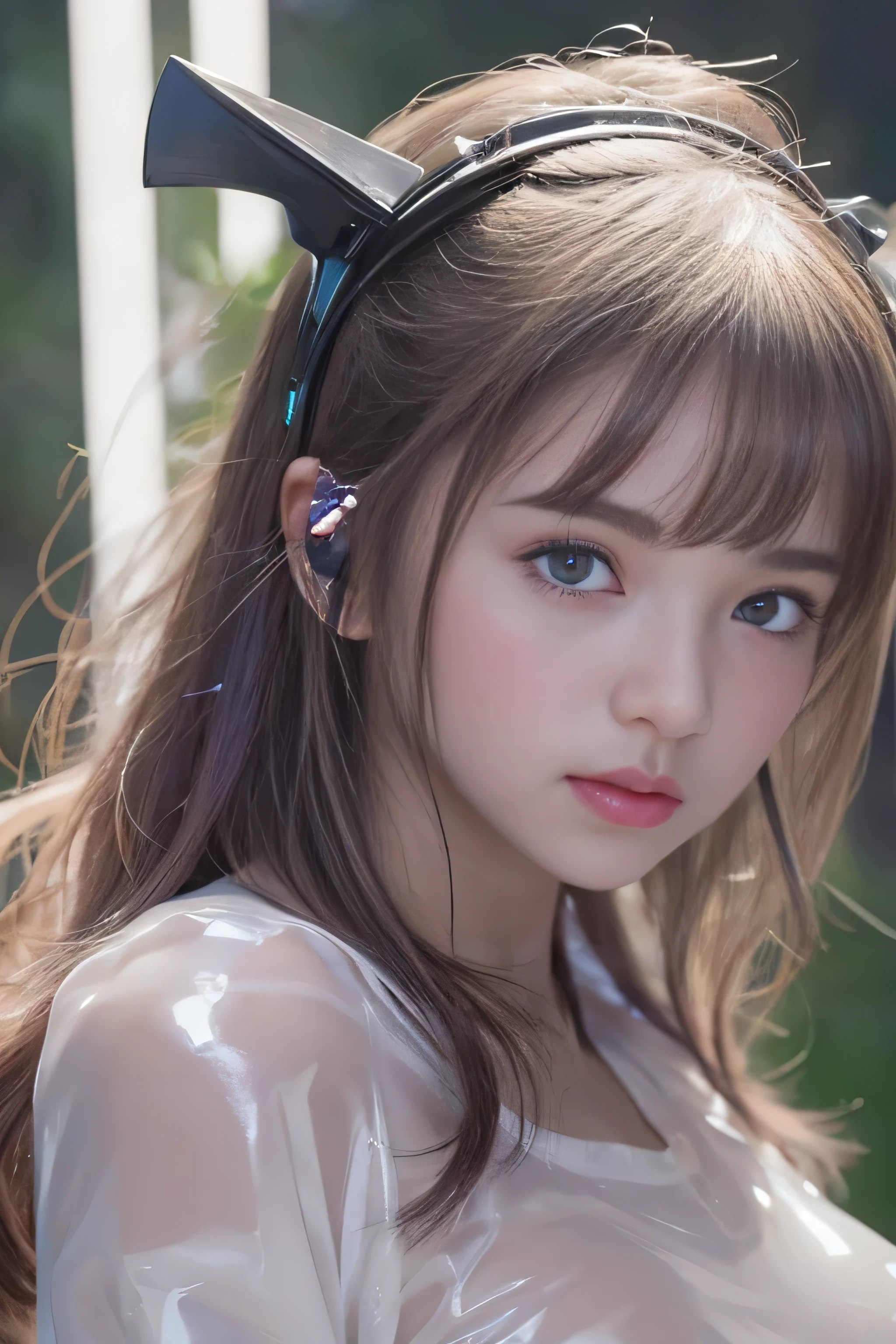 Highest quality、masterpiece、Ultra-high resolution、(Photorealistic:1.4)、RAW Photos、One Girl、14 years old, Glowing Skin、Put the headset on your head、((Ultra-Realistic Details))、Portrait、Global Illumination、Shadow、Octane Rendering、8k、Super sharp、((Delicate body type))、Hair ornament of the future、((Wear a thin, transparent white latex shirt on bare skin:1.4))、(hard nipples erect:1.4), (nipples pointing up:1.4), Slender figure, Cleavage、((Medium sized boobs:1.4))、(Sunburned skin:1.4)、Very intricate details、Realistic Light、Metallic Shine、CGSoation Trend、(Purple eyes:1.4)、(Shining Eyes)、To the camera、Neon Details、Sit on、Cyberpunk Background、Small LED Lamp、(Pink and green lighting from behind)、