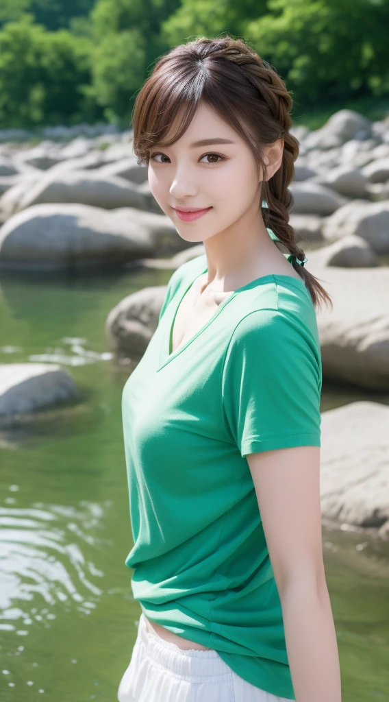 Realistic photos of (1 cute Korean star) blue french braid, thin makeup, slightly smile, 32 inch breasts size, green v-neck t-shirt,short pants, , upper body portrait, UHD, green shoes, background river, standing in rock