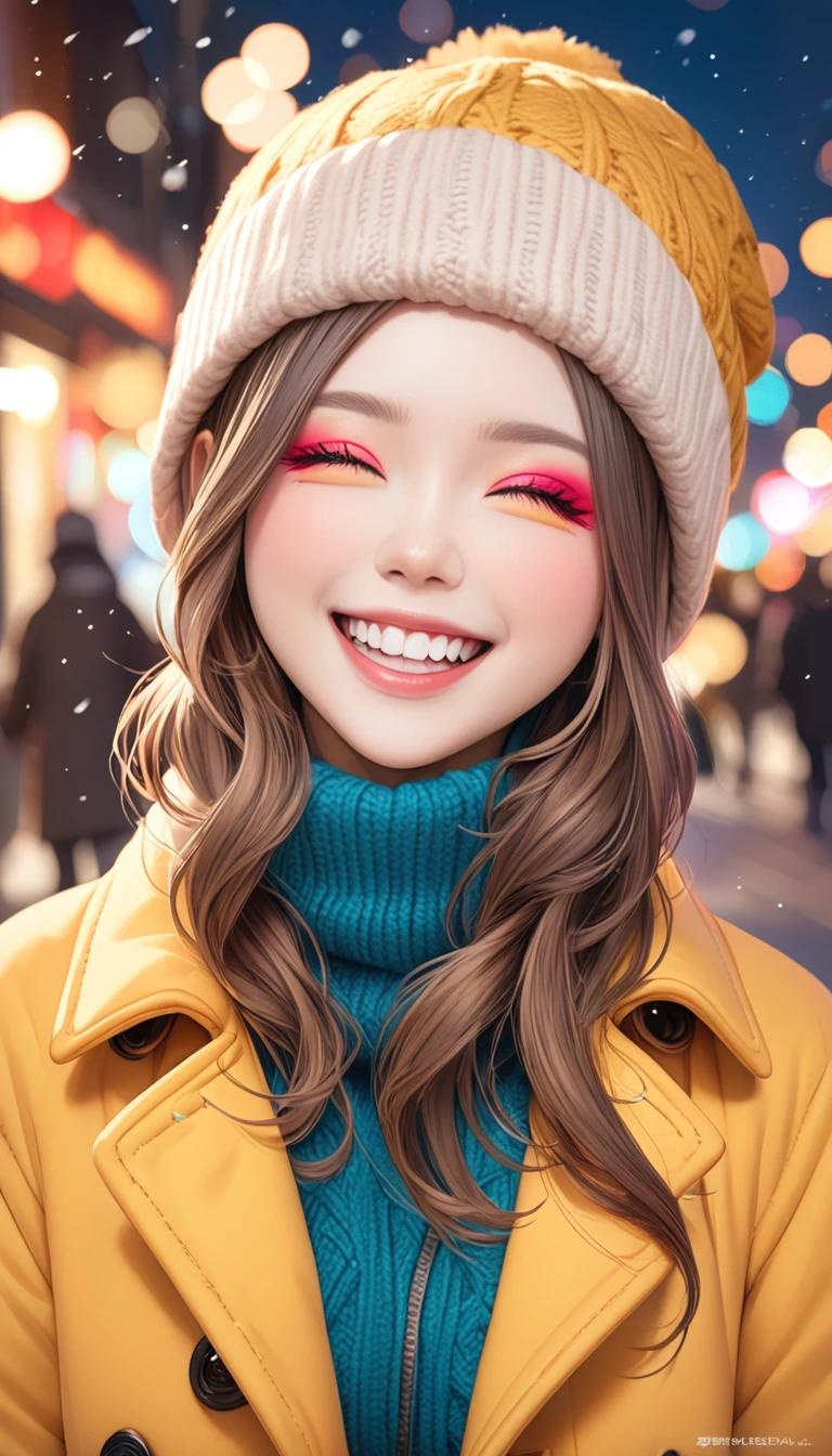 Highly detailed face, ((Drop your eyes)), pretty girl, Vibrant colors, Soft natural light, Bokeh effect. Winter clothing, Perfect Makeup, Professional photography, Street Snapshots, Vibrant colors, (smile, Laughter), 