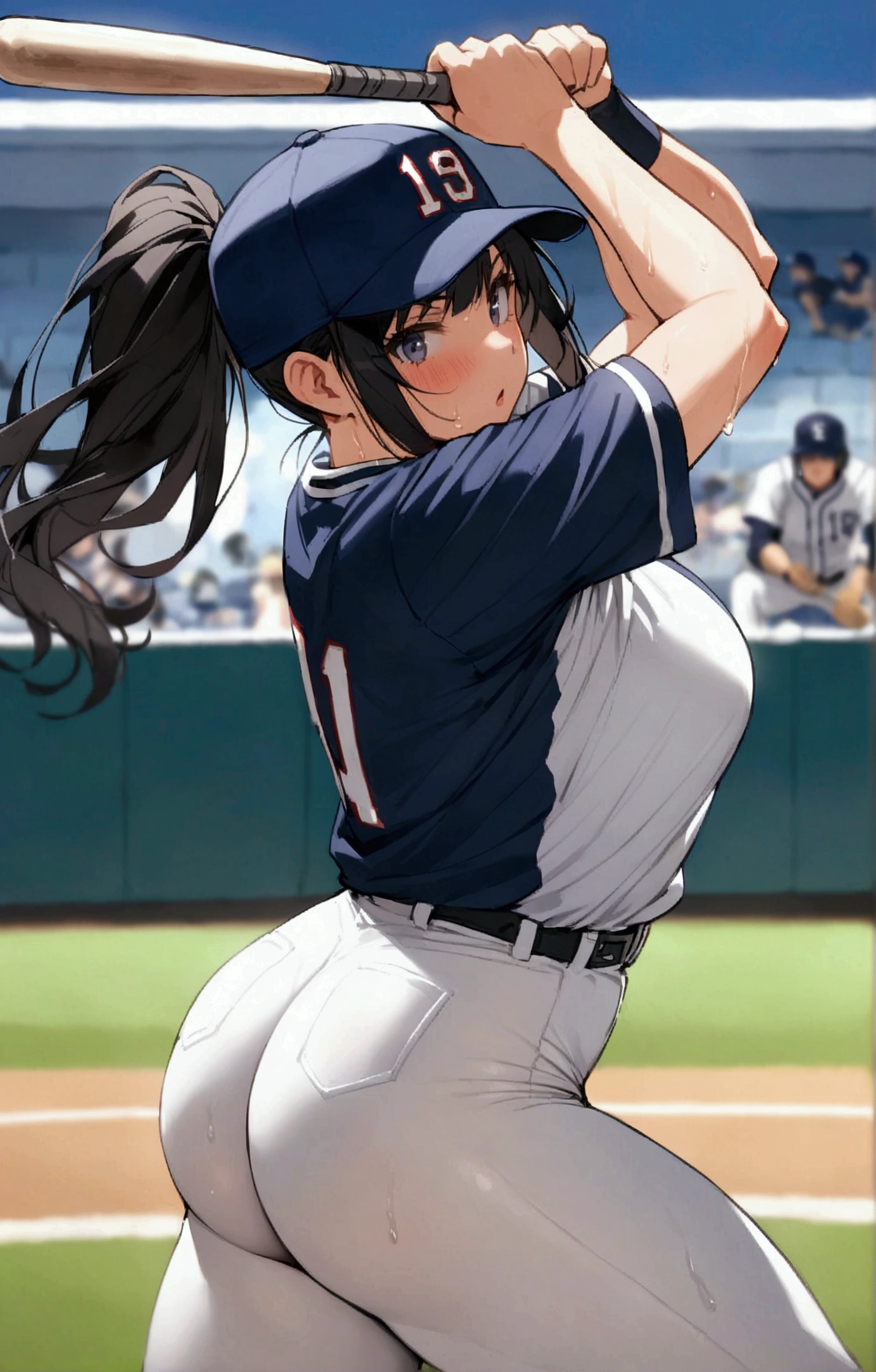 One woman、beautiful girl、high school girl、Baseball uniform、Tight hot pants、Clear panty line、Baseball cap、ponytail、Long Hair、baseball Ground、Batter、Batterボックス、Holding a bat、Baseball Swing、swinging a bat、Hitting a baseball、Home Run、Highest quality,  Thick thighs、Big 、Big Ass、Black Hair、Sweaty body、Ichiro&#39;s batting style、Number 51