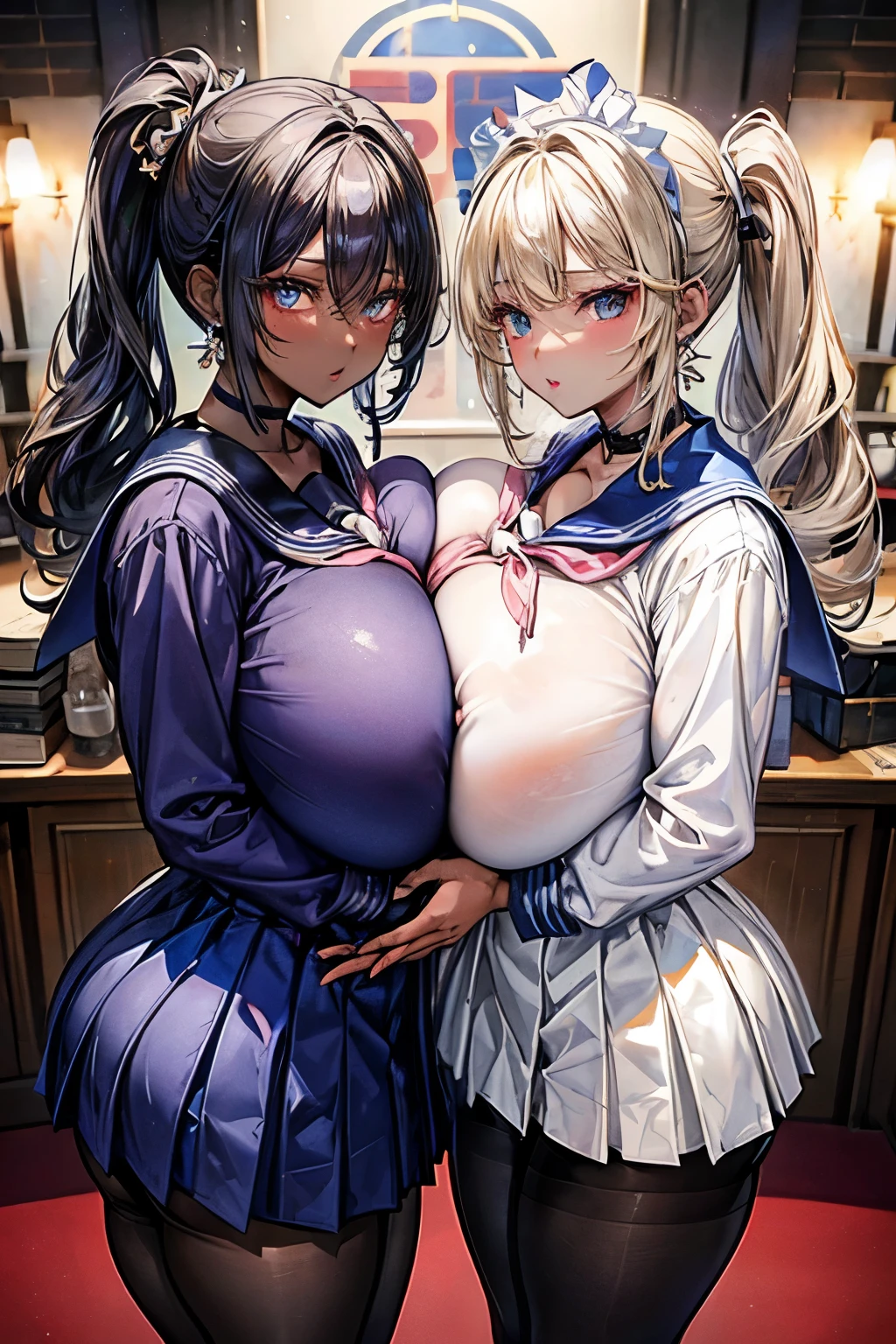 two beautiful girls with their skirts up and showing their crotch, ridicule,drenched in sweat and my whole body is wet and shiny,Wet and see-through,shiny glossy enamel idol live stage costume,Frill,,climaxing and loosening expression, Semen is dripping from the crotch,very huge breasts and buttocks,(see-through sexual underwear),Smiling, (((two beautiful girls pressing their huge breasts against each other))),They lift up their skirts with both hands and show off their crotches,Thigh-high socks, pantyhose,Closed mouth,Heavy breathing,saliva, sweat, Sweaty and wet all over,Sweaty body,love Juice dripping from her crotch,in bedrooms,Long breasts, huge breasts shaking violently up and down,pov, Looking at Viewer,open mouth,nipples visible through clothes,Peace sign,cuty hairstyle,hair ornament, ((Two beautiful girls are actively showing off their huge breasts to sex appeal to them)),(Two beautiful girls are touching each other's bodies and big breasts,)