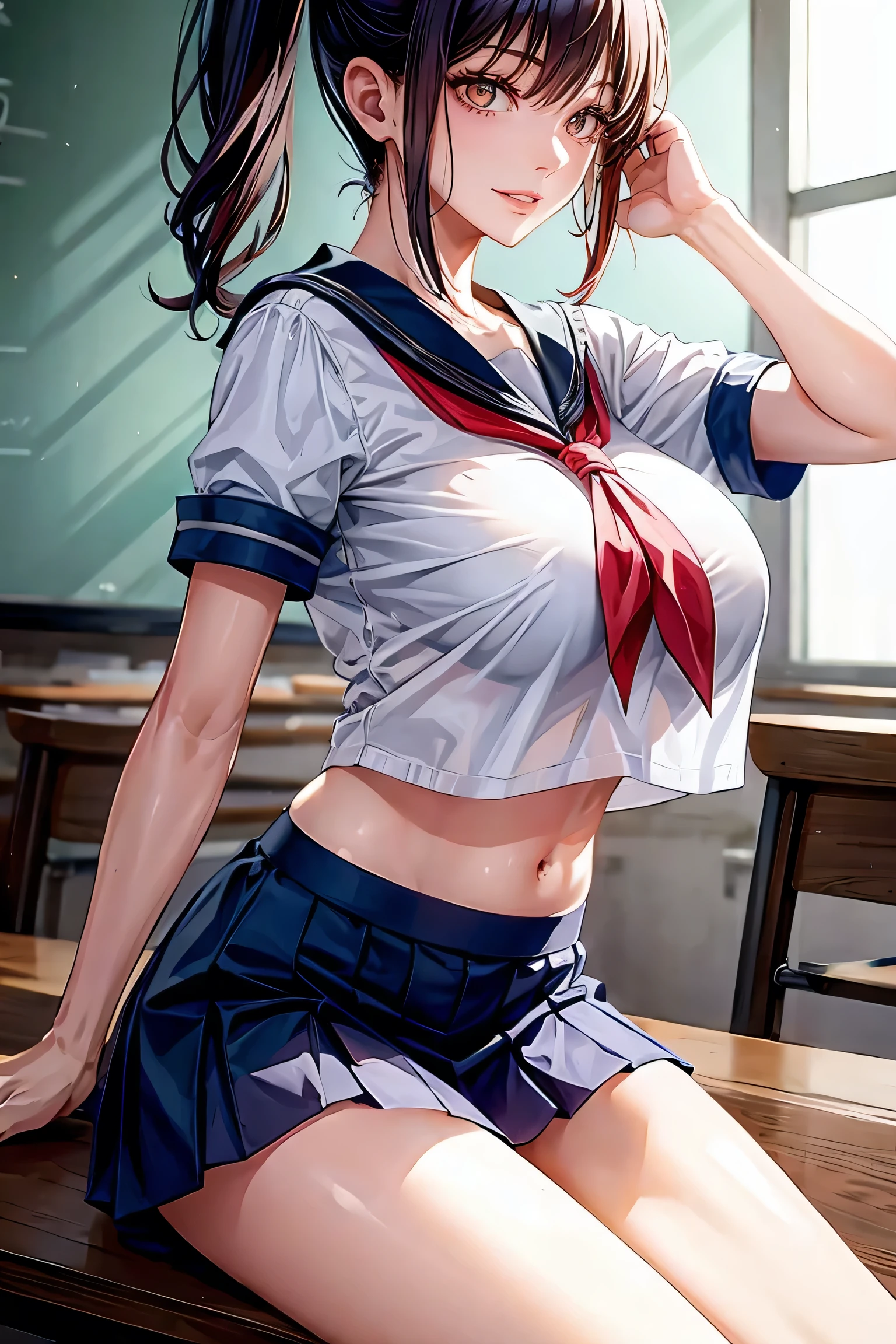 Makima (Chainsaw Man), woman, sexy woman, mature female, mommy, sharp eyes, detailed lips, big breast, short sleeves sailor uniform, sexy sit, classroom, evil smiling, seductive lips, adjusting hair, short skirt, hunter eyes, looking back, midriff peek, earrings , high pony tail 