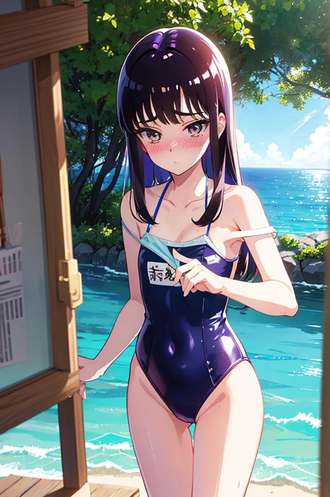 ランダムなポーズ、Random patterned swimsuit、Swimsuit,,Blushing、Pale brown eyes、Dark purple hair、Semi-long hair、Head to toe full body、Blushing、Embarrassed look、Composition from the front、A view from slightly below、school swimwear、Acme Face、Random pose、, 、nsfw、Highest quality、1 girl、solo、Ocean、Sandy Beach、Sexy pose、Random pose、Blushing、wet、Embarrassed、I can see half of my 、、One piece swimsuit、(Strap slip:1.3)、Swimsuit