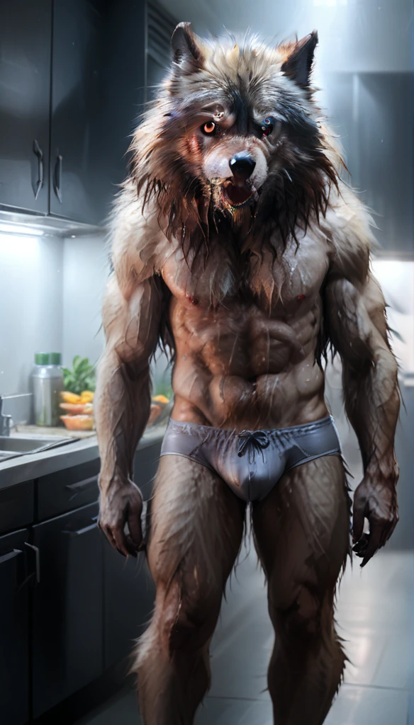 A werewolf who has a well-built body, invades a kitchen, raid the fridge, eat all burger at fridge, anthro werewolf, male, adult, grey fur, he wears a underwear, buffed body, sexy, beefy body, furred body, beautiful, furry chest hair, realistic, full body, tail, photorealistic, ultra realistic, 8k, night, bare-chested, in back turned posing