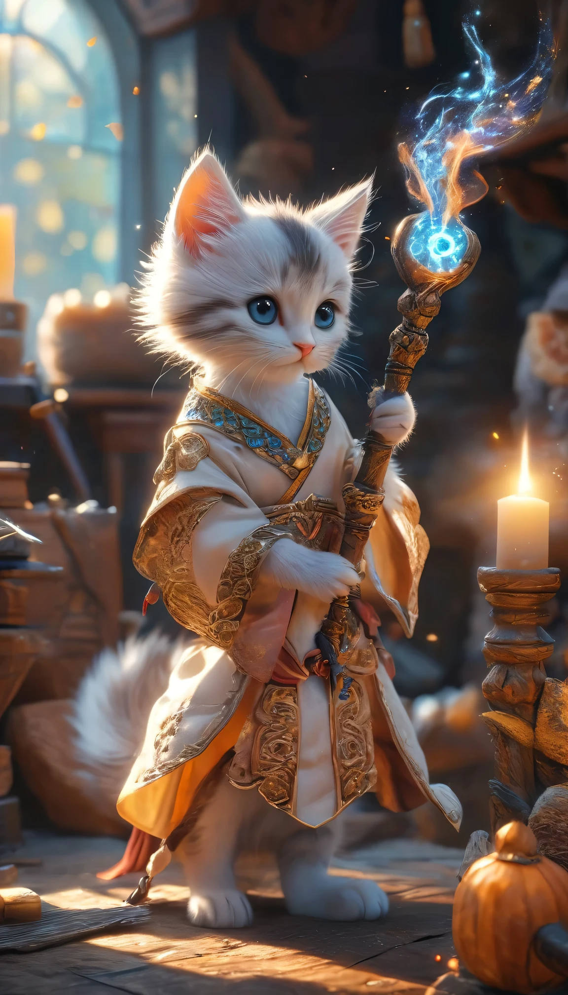 An enchanting image featuring an adorable kitten mage wearing intricate ancient robes, holding an ancient staff, hard at work in her fantastical workshop, intricate runic symbols swirling around her, it's clear that she's busy casting a powerful spell. Her fluffy tail sways gently as she concentrates on the task at hand, adding to the whimsical atmosphere of this magical scene. The soft lighting and detailed surroundings create an immersive environment where imagination runs wild. This charming artwork is sure to delight fans of both kittens and fantasy worlds alike, transporting them into a realm filled with wonder and possibility,
hyper-detailed, high quality visuals, dim Lighting, ultra-realistic, sharply focused, octane render, 8k UHD 