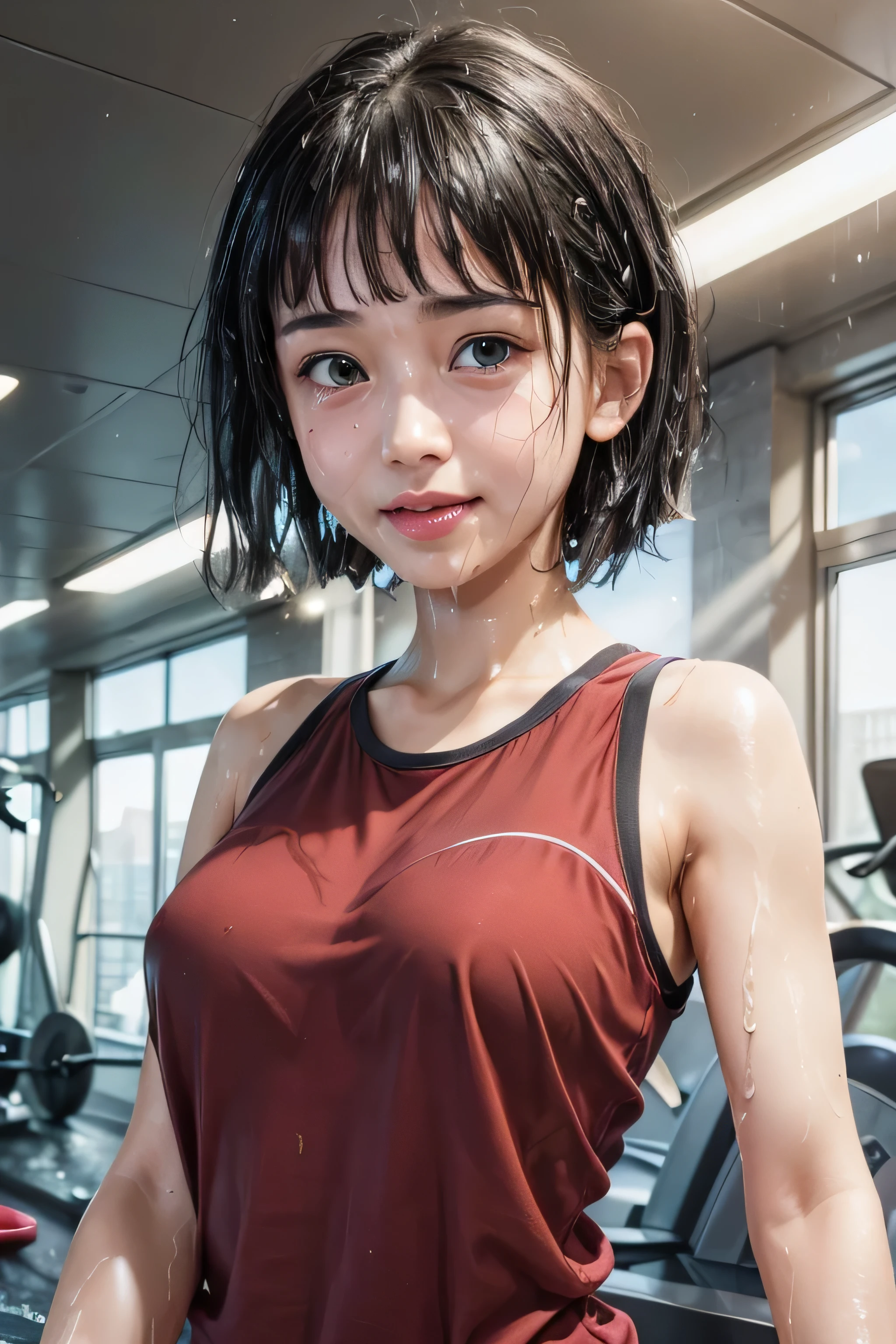 masterpiece, best quality, (realistic,photo-realistic:1.4), (RAW photo:1.2), extremely detailed CG unity 8k wallpaper, delicate and beautiful, amazing,finely detail, official art, absurdres, incredibly absurdres, huge filesize, ultra-detailed,extremely detailed eyes and face,light on face,suguha kirigaya,(little smile),(black hair:1.4),(short hair:1.4),(wearing tanktop:1.4),(gym background:1.4),(hair bangs:1.4),(green eyes:1.4),(sweating:1.5),(wet body:1.4)