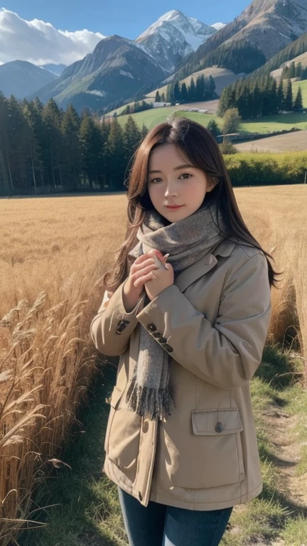 8k, Highest quality, masterpiece, Realistic, Super detailed, photo Realistic, Improvement of quality,
Photo of a girl standing in a field wearing a scarf, The designer's dark and gloomy style, Large chunk, Photobash, Calm face, Jagged Edges, navy, Natural Beauty, Close-up shot