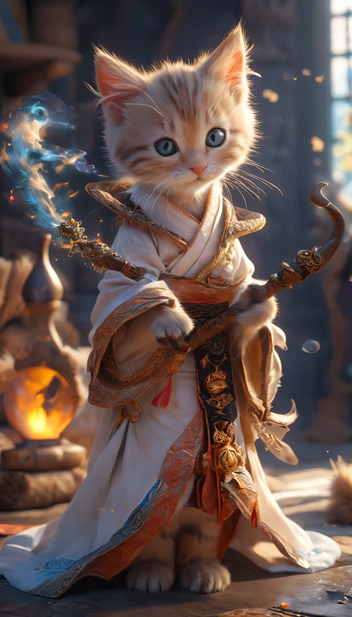 An enchanting image featuring an adorable kitten mage wearing intricate ancient robes, holding an ancient staff, hard at work in her fantastical workshop, intricate runic symbols swirling around her, it's clear that she's busy casting a powerful spell. Her fluffy tail sways gently as she concentrates on the task at hand, adding to the whimsical atmosphere of this magical scene. The soft lighting and detailed surroundings create an immersive environment where imagination runs wild. This charming artwork is sure to delight fans of both kittens and fantasy worlds alike, transporting them into a realm filled with wonder and possibility,
hyper-detailed, high quality visuals, dim Lighting, ultra-realistic, sharply focused, octane render, 8k UHD 