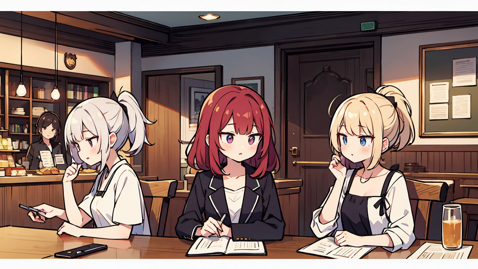 (masterpiece, best quality),Women with different faces and hairstyles, different hair colors, different faces, ponytail, letterboxed, perfection of fashion,chapped lips, casual attire, upper body, from the side,Jazz Cafe, The interior has a modern design,study at the table, eyes look at the note, together, stylish outfit,