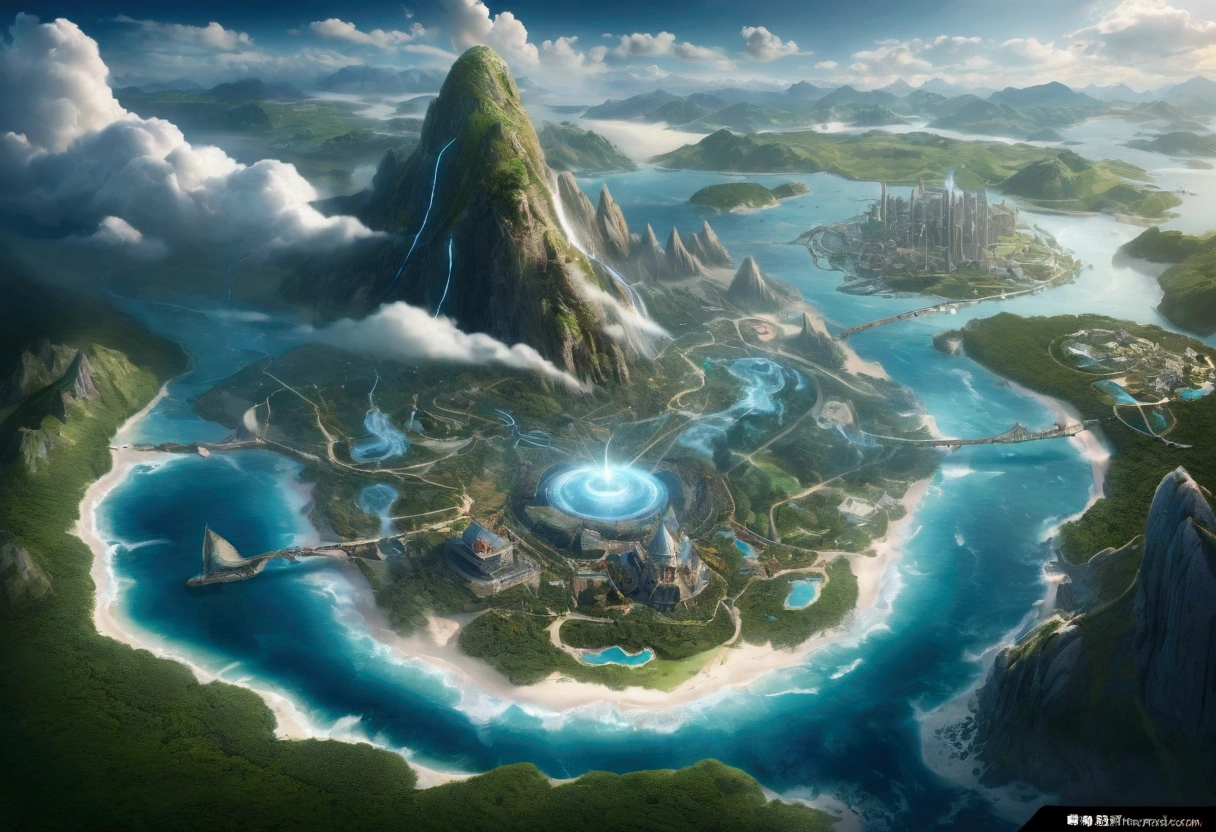 A detailed and complex topographical map of the mysterious island，Composed of different elemental materials, Wide-angle lens,（Best quality，4K，8k，high resolution，masterpiece：1.2），Ultra Detail，fantasy，Volumetric Lighting，panoramic，hurricane，闪electricity，electricity，flame，ice，gem，cloud, Metal Buildings，Wood texture