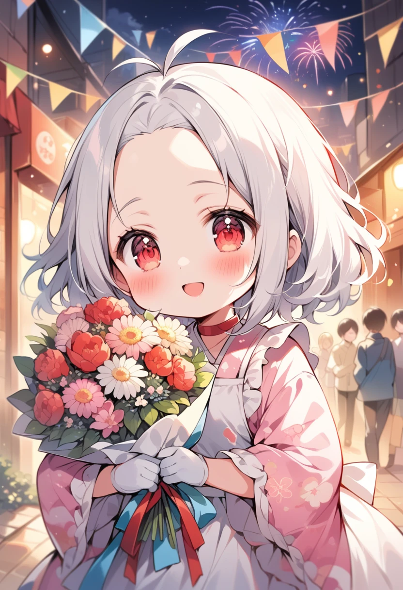breathtalking Scenery, breathtalking Beauty, breathtalking Cute,scenery, (best quality, masterpiece:1.2), (ultra high quality:1.2),smooth soft skin, natural skin,watercolor,
BREAK
(forehead:1.2), excessive detailed forehead,(little female child:1.4),(loli:1.4), 6 years old, kawaii, baby face,(short white hair:1.3), curly hair, , antenna hair, chestnut mouth, red eyes,chibi,ultra cute face,(blush:1.3),highlight on eyes,puffy eyes,smile,
BREAK
layer of clothes,(Japanese Style Coordination:1.3),white gloves, red choker, frill, (white apron dress:1.1),(red ribbon:0.8)
BREAK
Alley,fireworks,fireworks background,night,steam light effect,cinematic shadows,light sparkles,(Hands holding flower bouquet:1.3),(Finger behind the bouquet:1.3), (Hands behind the bouquet:1.3),(Flower bouquet:1.1), Falling petals,celebration,Congratulations,(blush:1.2),Confetti,Twinkle Star,smile,dust particles,dynamicangle,kawaii,outdoors,