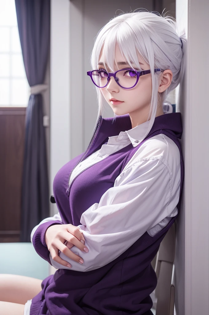 19 year old female anime character, with white hair, and purple eyes wearing round glasses 