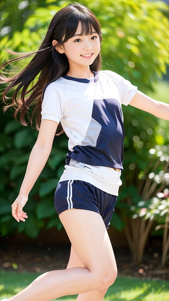 highest quality、Portrait、japanese woman、real、1 person, girl,small,smile,(Aperture value F22,15mm value,ISO100 setting),8K quality,RAW photo,professional photography,professional lighting,((hair swaying in the wind))、young and shiny white skin、glossy black hair、Smooth and fluffy semi-long hair、Hair tied with ribbons、((flat  ))、Shining beautiful bangs、Crystal clear attractive dark brown eyes、thin body、Best moment、small ass、full body、(Gym clothes with short sleeves)、Uplifting、sprinting at full speed、hair swaying in the wind、gushing sweat、background bokeh、