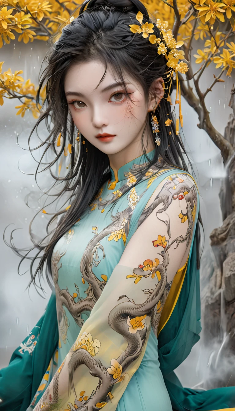 Chinese Beauty, Charming temperament, floating long dress, Clear face, beautiful eyes, Around osmanthus flowers, A masterpiece of perfect body structure proportions, Very detailed, Epic creation, Color Tattoo Art, Neo-Traditional Tattoo Art, SD tattoo design, Color Tattoo Art, mystery、enthusiasm、Friendly atmosphere, Surrealism, Ultra HD, high quality, best quality, 32K --v 6