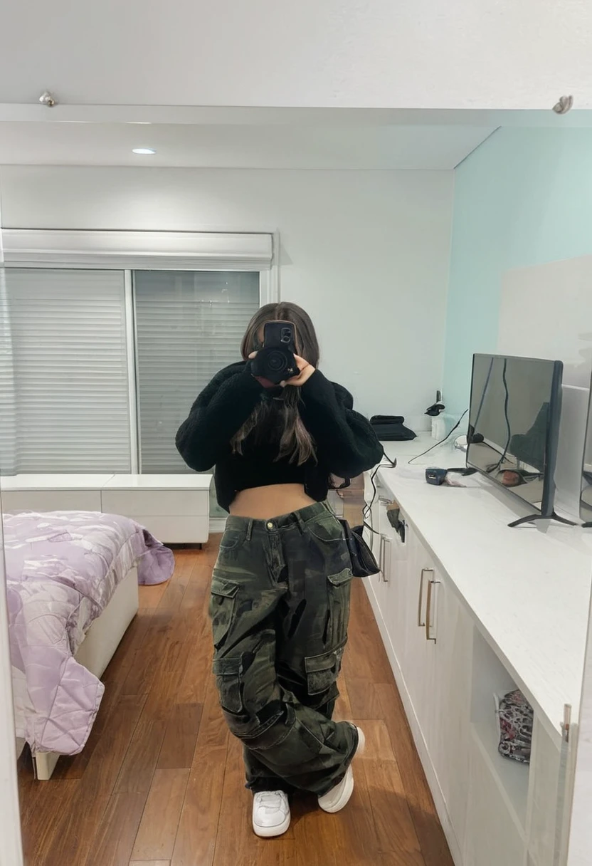 a 17-year-old Argentinian ager with half-white skin, black hair and green eyes, who takes a photo with his cell phone in the mirror of his house