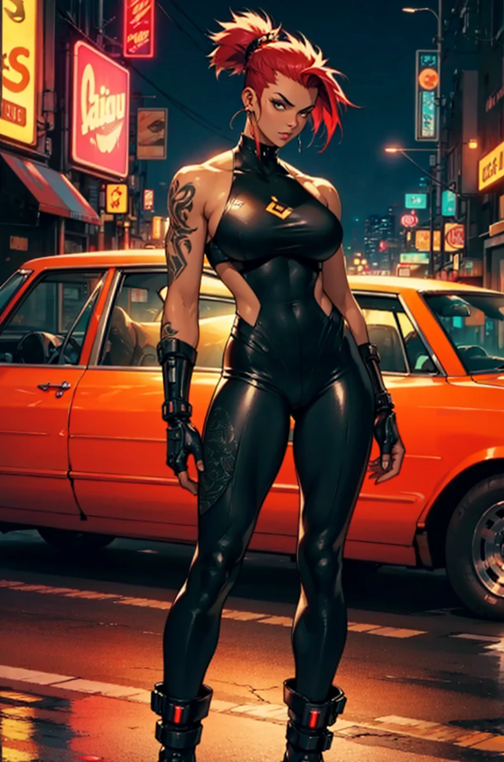 A black woman is wearing a tight, shiny black leather outfit that covers her entire body. She has a tall stature and muscular physique and her posture is imposing like a superhero.. (his left arm is a mechanical prosthetic that has arabesque tattoos), his hair is a long, red mohawk trimmed on the sides. She is leaning against an old yellow Cadillac taxi car. Night setting, led neon cyberpunk