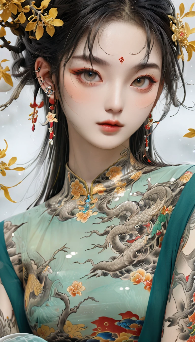 Chinese Beauty, Charming temperament, floating long dress, Clear face, beautiful eyes, Around osmanthus flowers, A masterpiece of perfect body structure proportions, Very detailed, Epic creation, Color Tattoo Art, Neo-Traditional Tattoo Art, SD tattoo design, Color Tattoo Art, mystery、enthusiasm、Friendly atmosphere, Surrealism, Ultra HD, high quality, best quality, 32K --v 6
