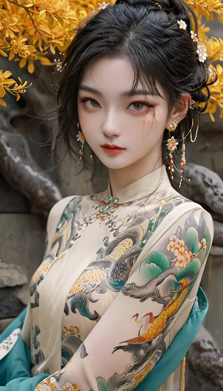 Chinese Beauty, Charming temperament, floating long dress, Clear face, beautiful eyes, Around osmanthus flowers, A masterpiece of perfect body structure proportions, Very detailed, Epic creation, Color Tattoo Art, Neo-Traditional Tattoo Art, SD tattoo design, Color Tattoo Art, mystery、enthusiasm、Friendly atmosphere, Surrealism, Ultra HD, high quality, best quality, 32K --v 6