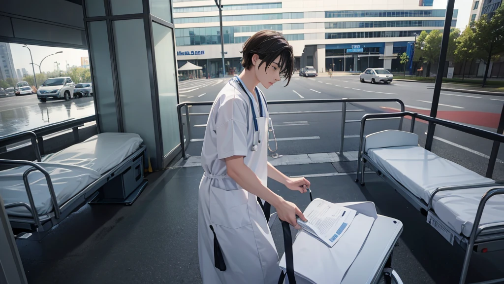 There were no people in front of the hospital.
