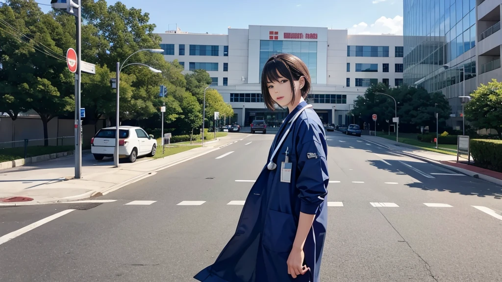 There were no people in front of the hospital.