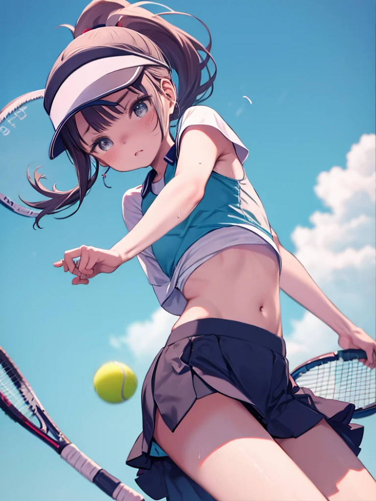 One Girl、Tennis Player、visor、Tennis Wear、ponytail、((Grin))、Sweat、Tennis court、Playing tennis、Holding a tennis racket、mini skirt、Angle from below、Cute Panties、belly button、Vibrant、sporty、action、