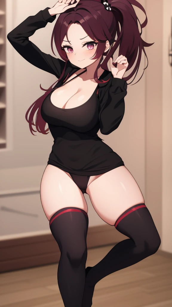 high tail hairstyle, Ponytail hairstyle, Long wavy black hair, standing posing, anime girl style, pixel art anime style,penetrating look with deep eyes,red and purple eyes, hair with a ponytail hairstyle trapped with a big red bun, Women, red hair clips, x color shaped hair clips , smiling face blush, next to his bed, lingerie, Tank Top, Black hair, mini skirt, big thighs,