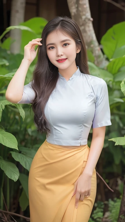 Steady beauty / smiling face / long eyelashes / happy wet eyes / beautiful red lips / white skin / medium breasts / big hips / high hips / tight dress / Burmese women / long skirt printed flower skirt (Myanmar thmi) / short-sleeved jacket / background natural scene / clear / highest shot photo award-winning photo / 3D high-quality nature photo / attracting the photographer with big blue eyes