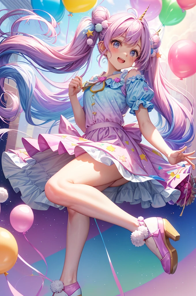 (whole body, legs and shoes visible: 1.2)) Expressive eyes, One girl, Pale skin, Long Hair, Windblown Hair, ((absurdly Long Hair)), Long Side Lock, Princess bangs, Hair bangs, Hair Bun, ((Very long twin tails)), Rainbow Hair, Light pink hair, blush, full face blush, big sparkling Pastel Purple eyes, (Gradient Eye), Laughing with your mouth open, cute pose, ((Holding a balloon : 1.3)) ((cute and pastel fashion)) ((🦄🎠🎈🎉 theme : 1.4)) A loose pastel dress, ((Dreamy multi-colored open dress)), (Floating ribbon), Lavender Frill, Pink frills, (Light blue lace), Removable short sleeves, Fluffy skirt, ((Rainbow and star printed skirt : 1.3)), Lolita Skirt, Purple ribbon, ((pom pom ribbon hair ornament : 1.4)), Multiple Bows, Striped lace stockings, (heart型のレッグガーター), cute (Pastel Purple) shoes ((Ultra-detailed clothing and fashion)) I&#39;m watching you, Vintage Girl, blush, (Beautiful attention to detail), (Highly detailed CG Unity 8k wallpaper) (Best Shadow), ((Very delicate and beautiful)), (Detailed light), ((Depth of written boundary)) Big Head, Big, bright eyes, Moe, Splash Art, Cinema Lighting, Front view, volumetric lighting maximalist photo illustration k resolution high resolution intricate detailed complex key visuals precise linear ((Dreamy pastel sky background, Surrounded by sunset clouds, shooting star, Castle above the clouds)) ((Ultra-detailed landscapes, Foggy clouds, Hung by balloons, heart : 1.3))